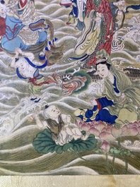 Chinese school, ink and color on canvas: 'Mountainous landscape with goddesses, mythical animals and boys', 19/20th C.